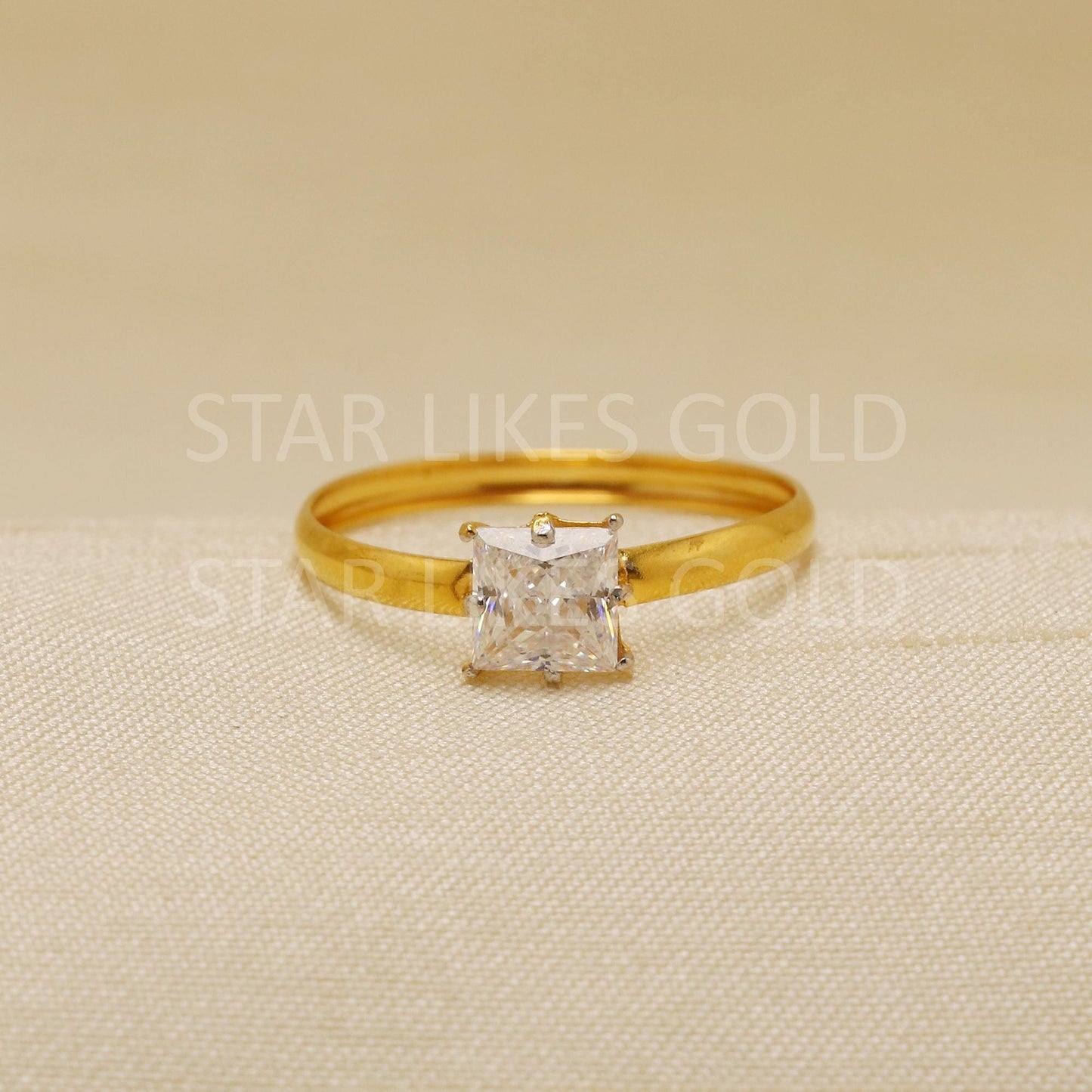 Single stone ring square cut zircon Solid 22 Karat 22k Gold Ring Jewelry Women Ring