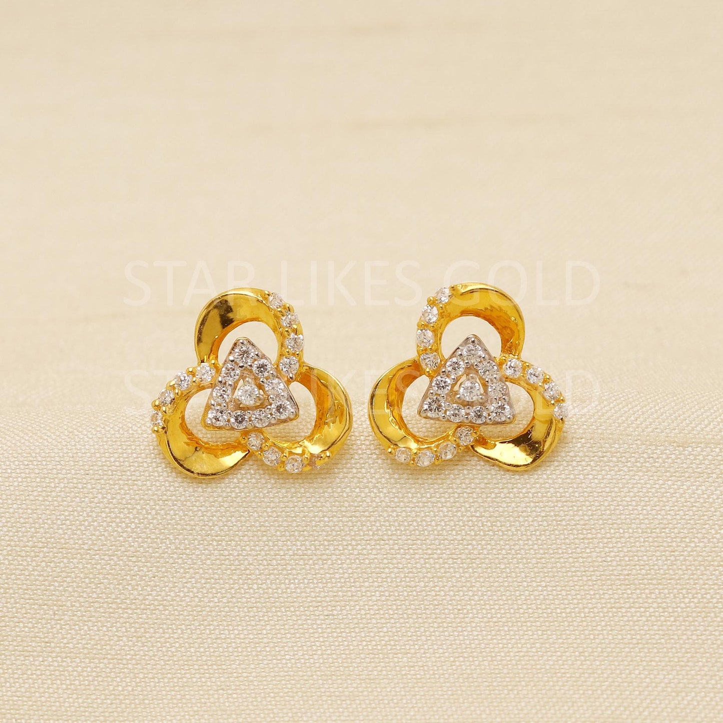 Flower Triangle Cz 22k 22 karat gold stud earrings jewelry, Small stud in 22k gold