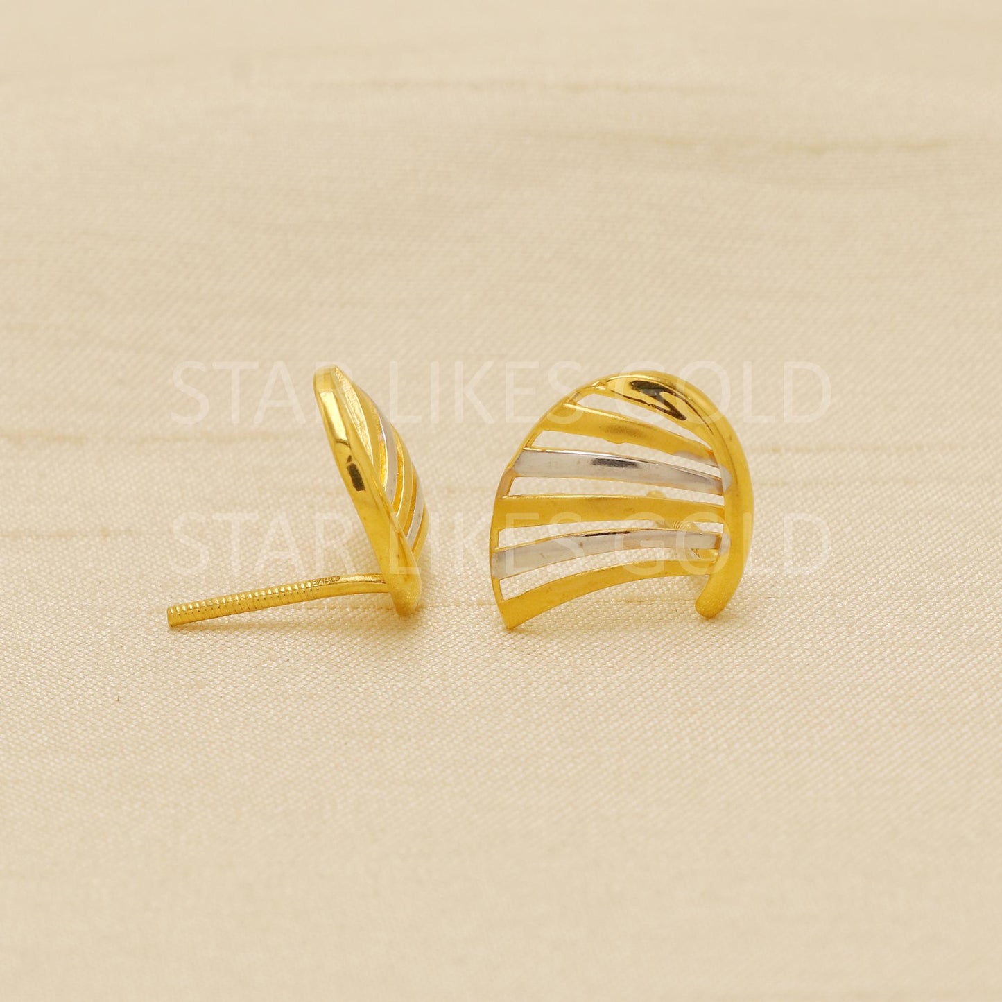 Two tone 22k Gold EARRINGS, Women Fine Gold Earrings, Solid Gold Jewelry, Dainty Studs, Anniversary Gift, Gift for Her