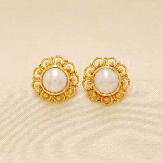 Royal 22K Gold Pearl Stud Earrings Elegant Moti Flower Design for Women | Gift for Her, PR1781