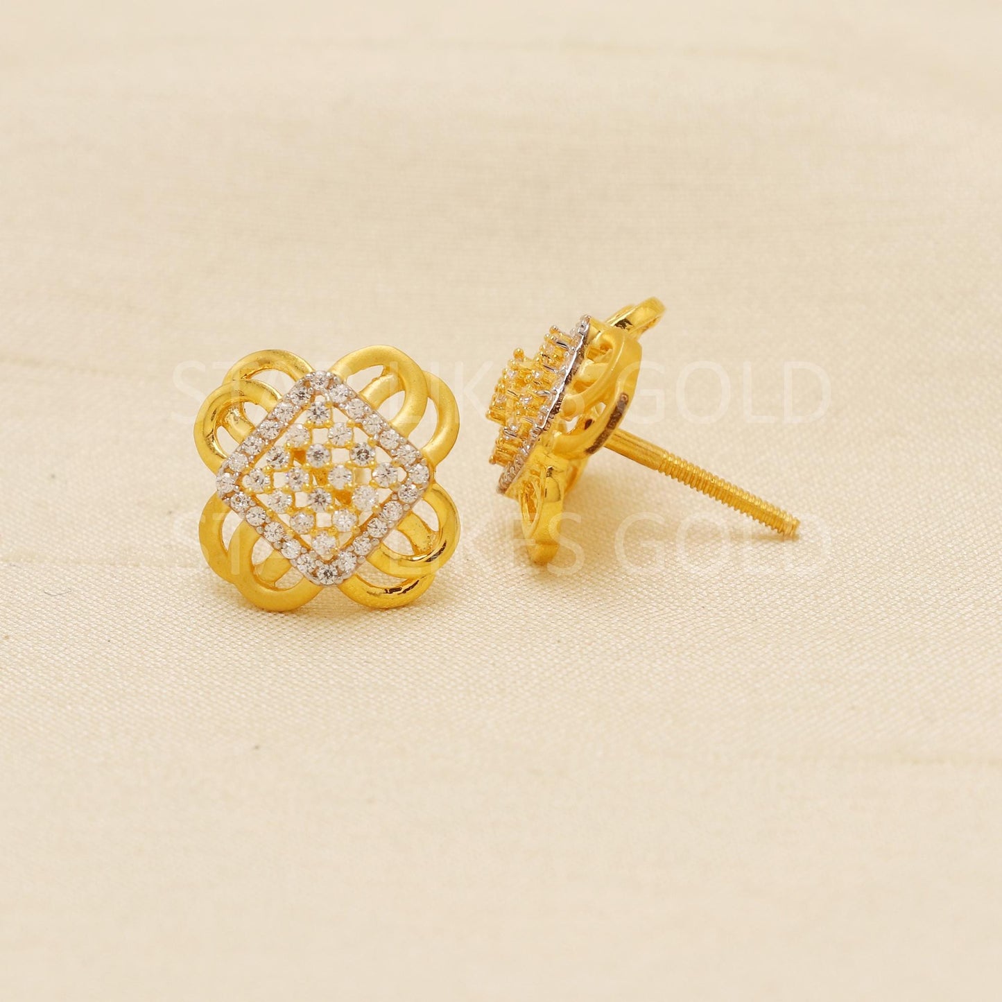Hallmark 22k Gold Sparkling Stone Stud Earrings with Floral Square Design, PR1782