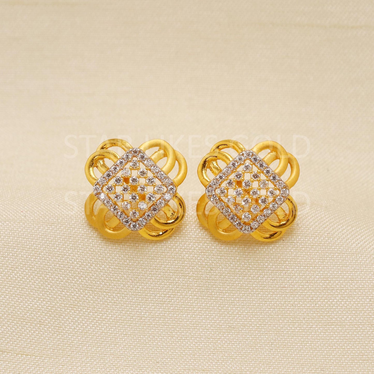 Hallmark 22k Gold Sparkling Stone Stud Earrings with Floral Square Design, PR1782