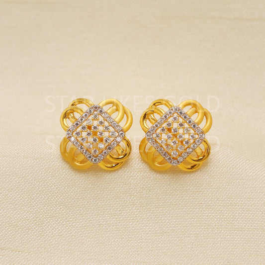 Hallmark 22k Gold Sparkling Stone Stud Earrings with Floral Square Design, PR1782