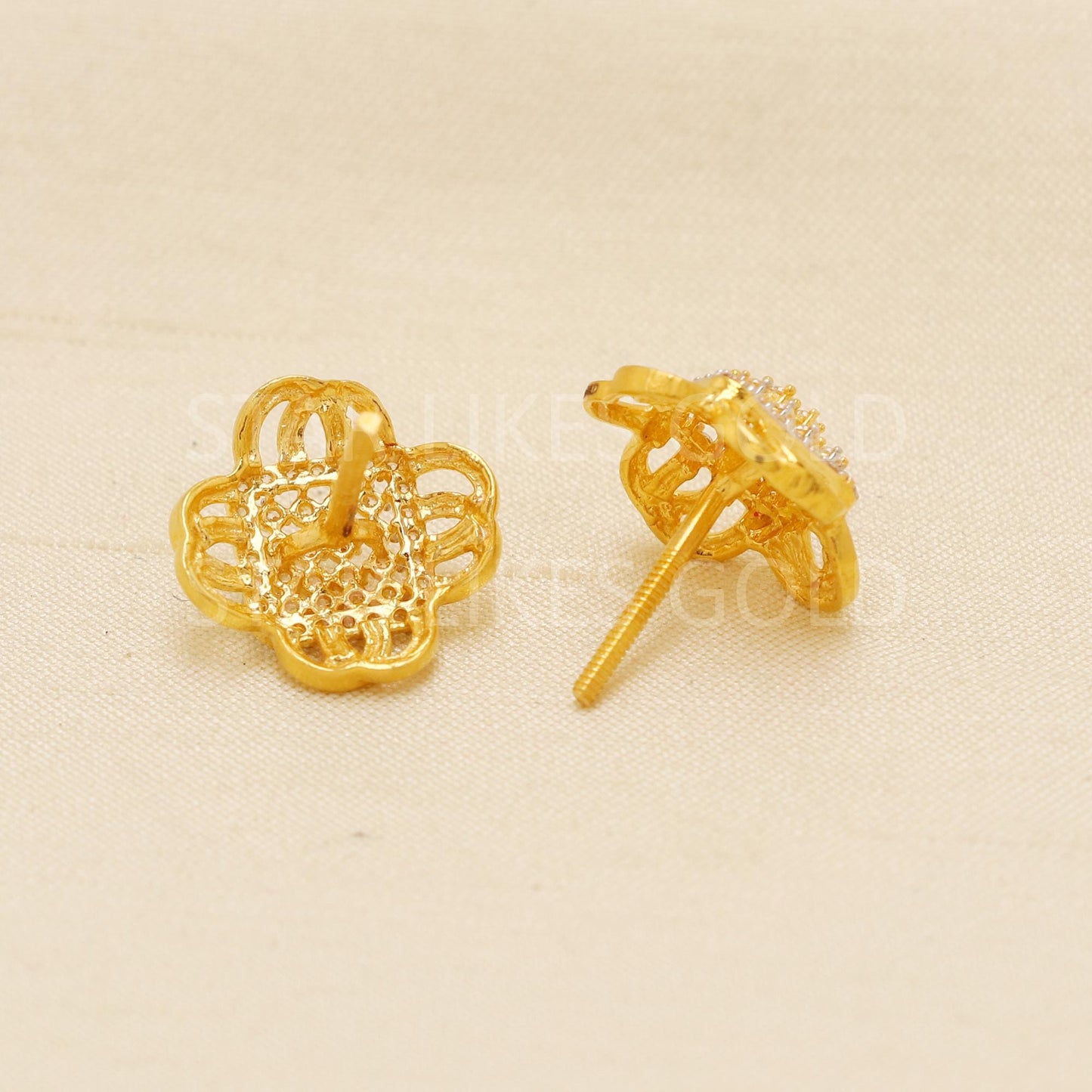 Hallmark 22k Gold Sparkling Stone Stud Earrings with Floral Square Design, PR1782