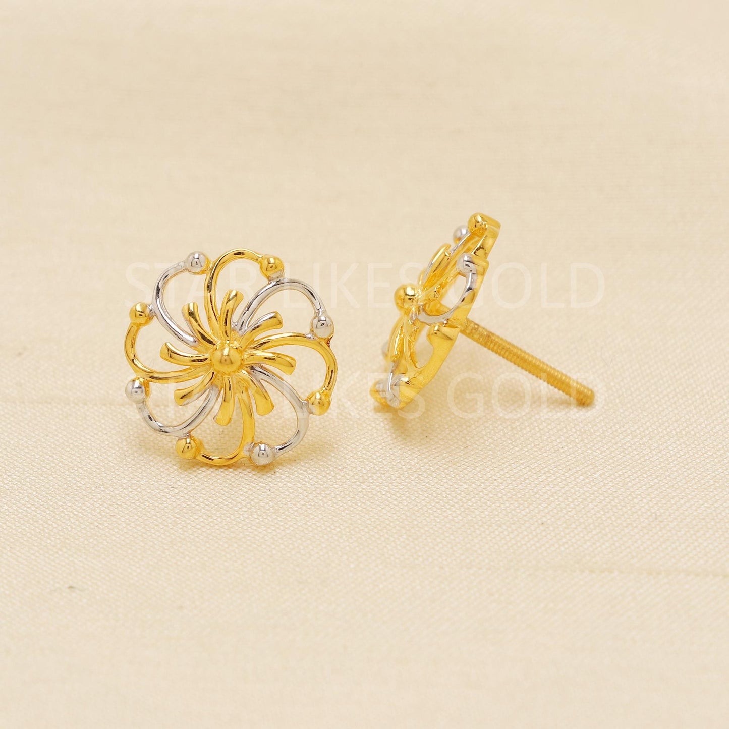 Dainty 22k Gold Flower Studs | Fine Gold Push Back Earrings | Unique Wedding & Bridal Jewelry