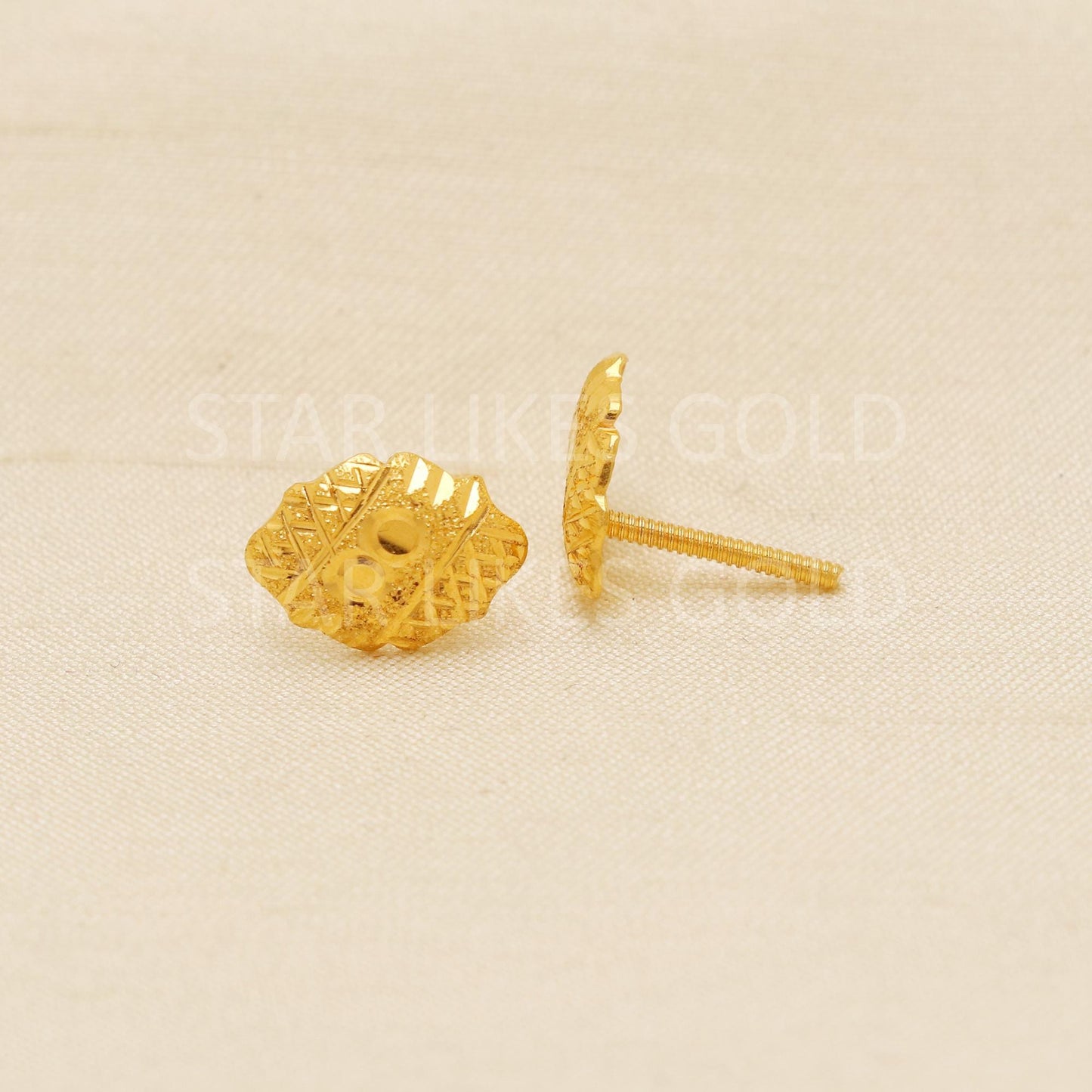 Unique 22k Gold Studs, Engraved Gold Earrings, Solid Gold Jewelry, Dainty Studs, Anniversary Gift, Gift for Her