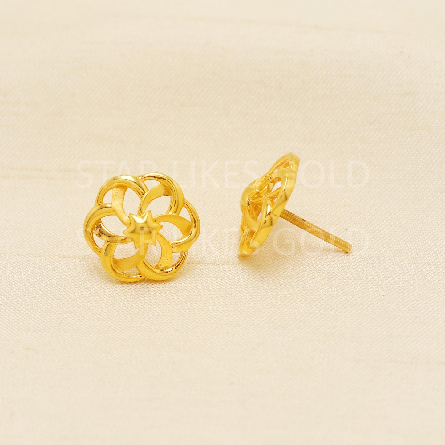 22k Gold Studs, Star Spiral Fine Earrings, Solid Gold Jewelry, Hallmarked Studs, Anniversary Gift, Gift for Her