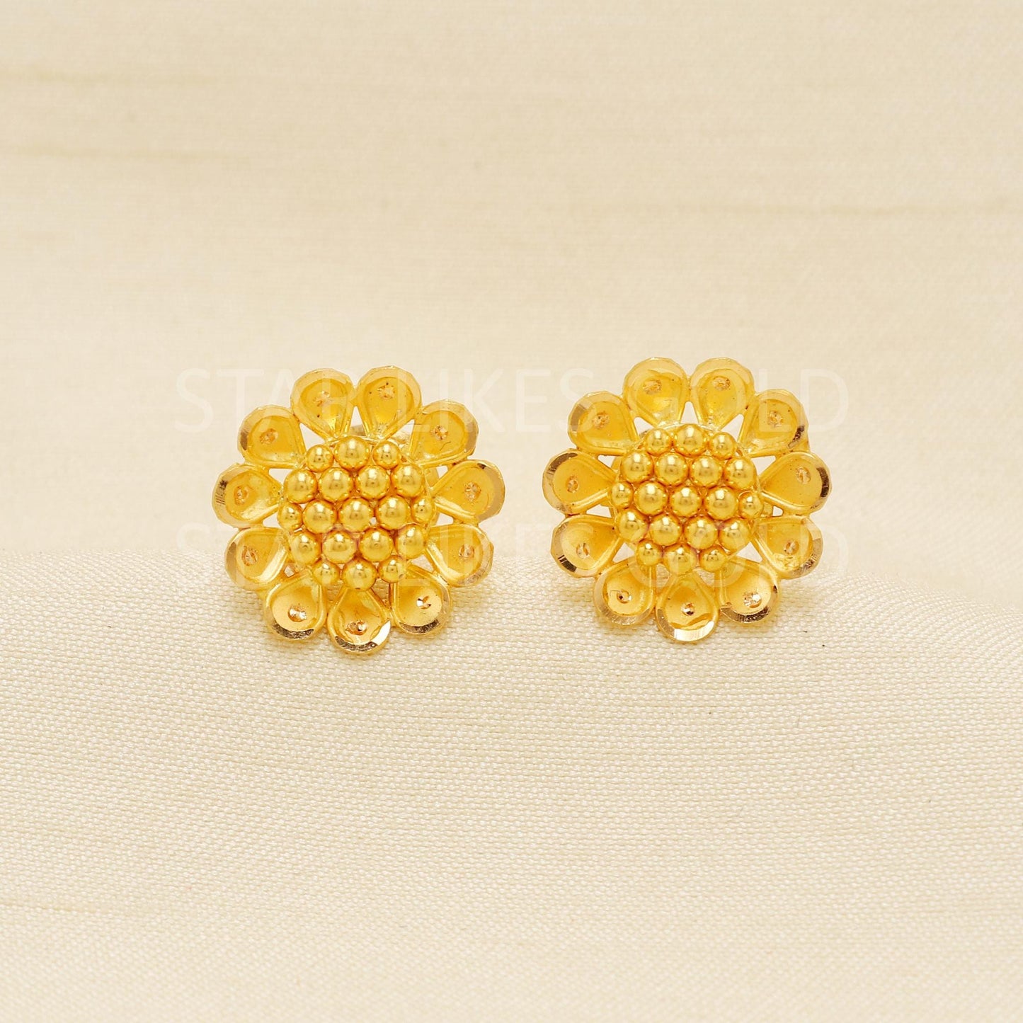 22k Gold Studs, Flower Fine Earrings, Solid Gold Jewelry, Hallmarked Studs, Anniversary Gift, Gift for Her