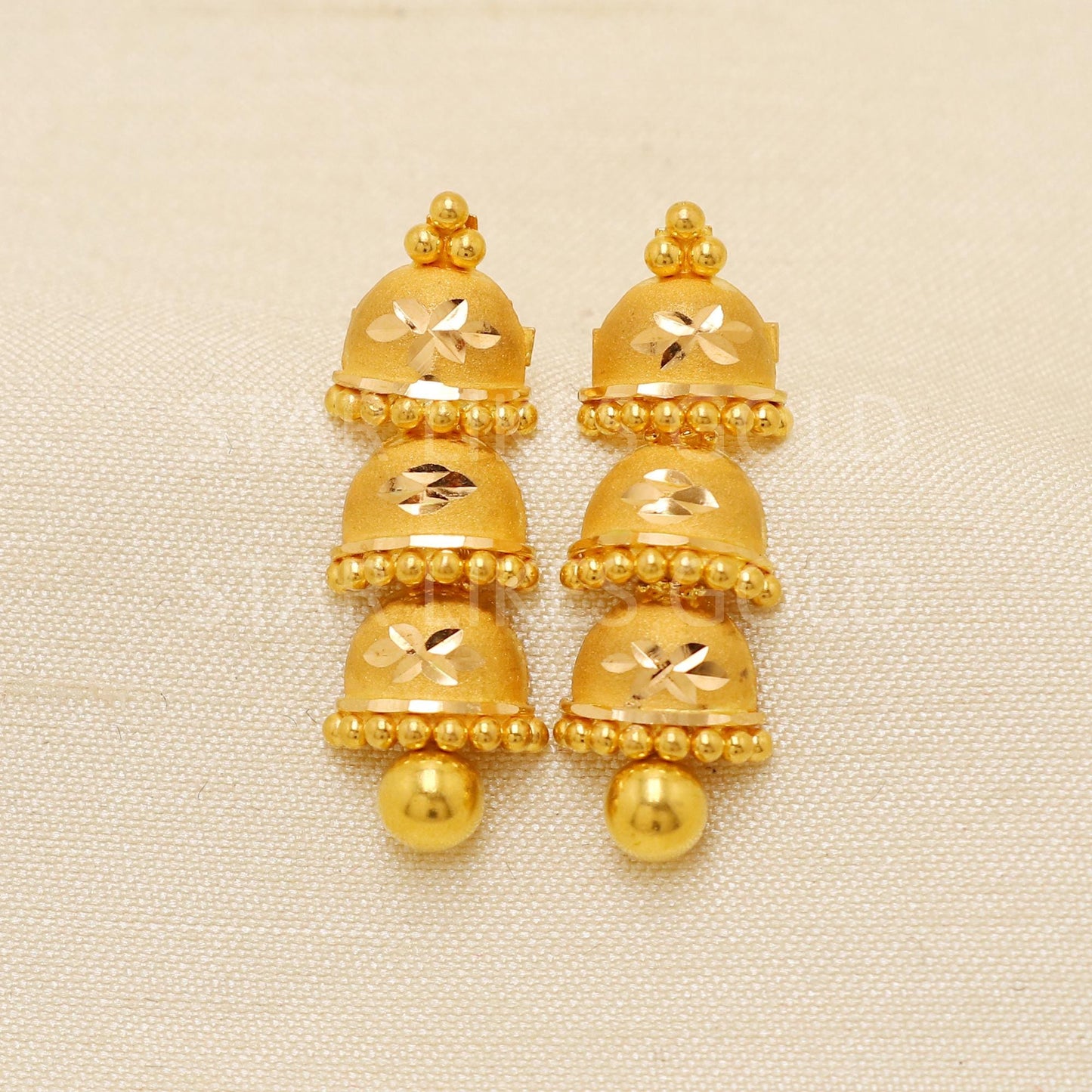 Intricate 22k Gold Leaf Motif Triple Jhumka with Hallmark Certification, PR1838