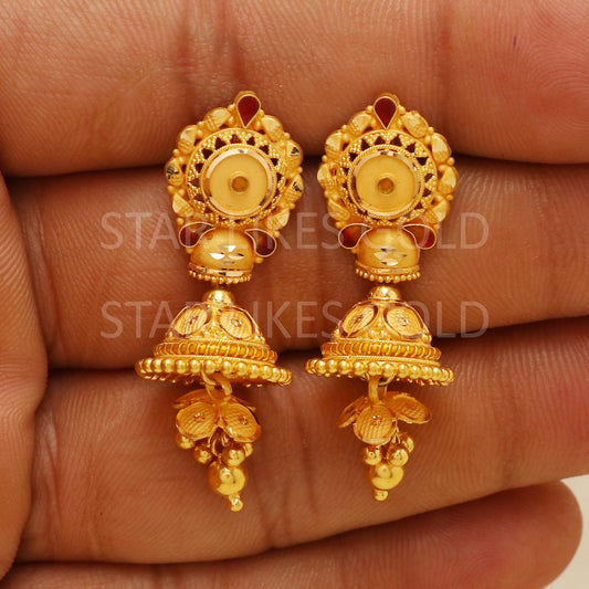 Stunning 22k 22kt gold Jhumka Earrings Handmade Jewelry, Chandelier Drop Dangle  PR1840