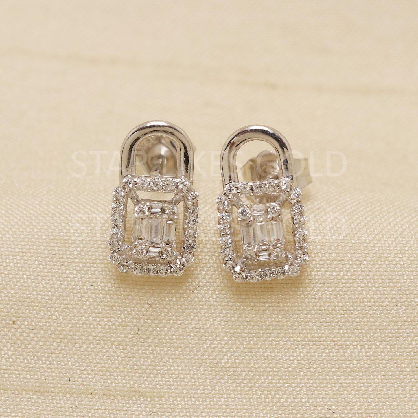 Lock Design White 18K Gold Stud Earrings | Daily Wear Fine Indian Jewelry Hallmark