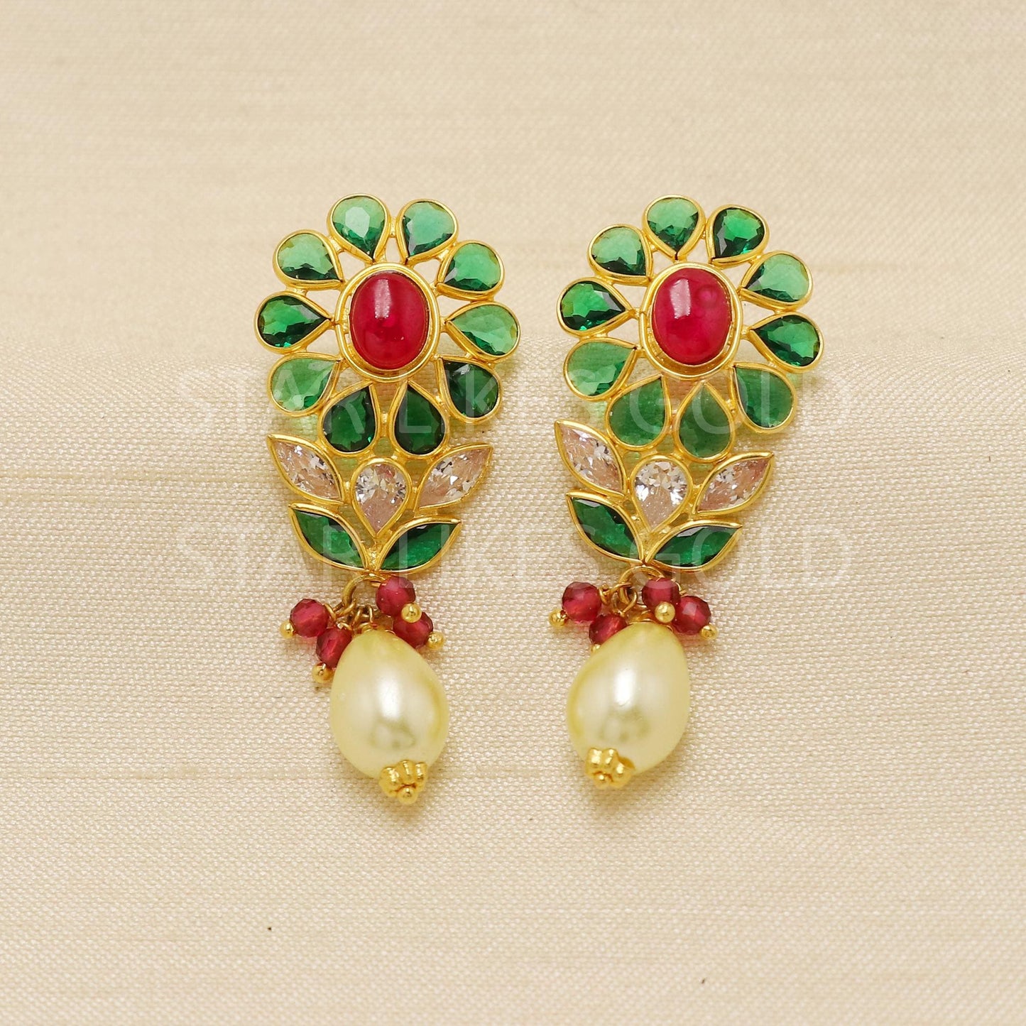 Multi Stone 18K Gold Tops Earrings with dangling pearl | Daily Wear Fine Indian Jewelry