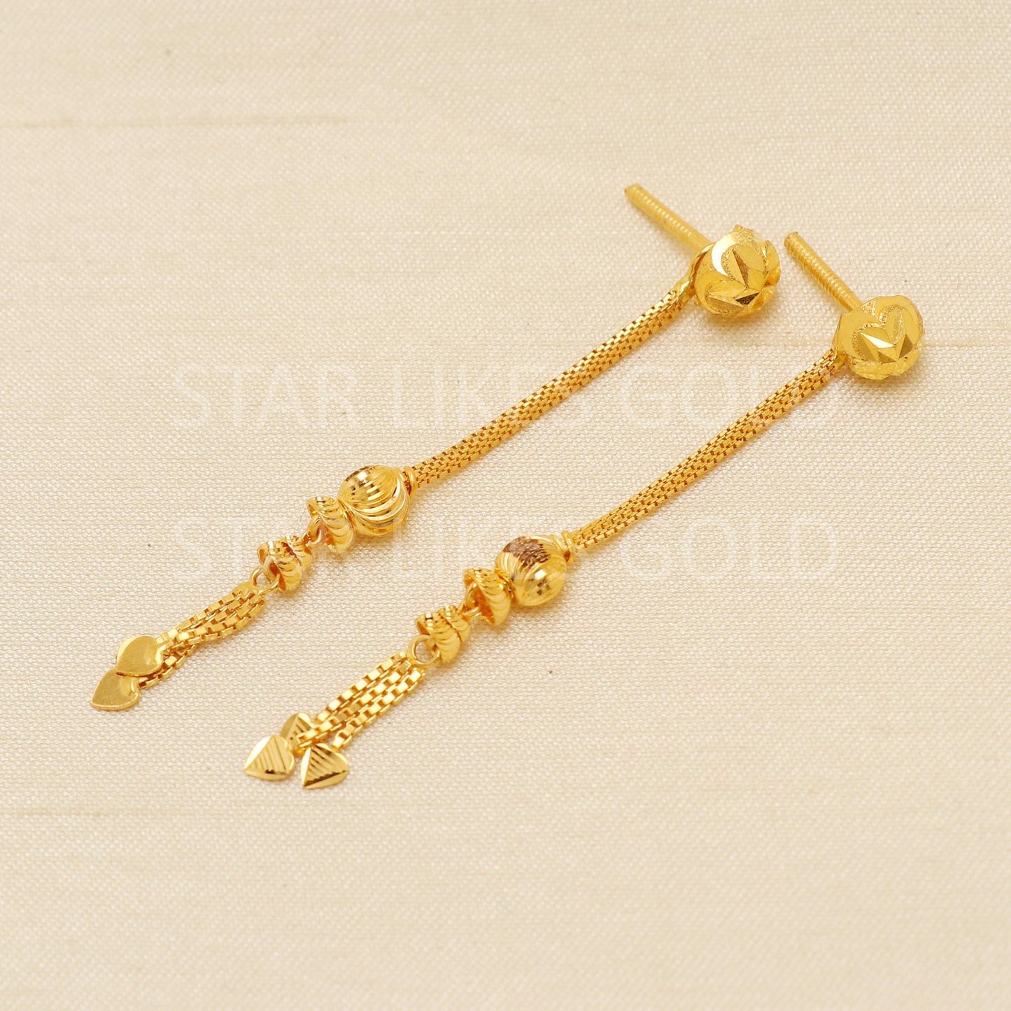 Hallmark 22k Gold Long Vertical Chain Earrings with Textured Beads & Heart Tips