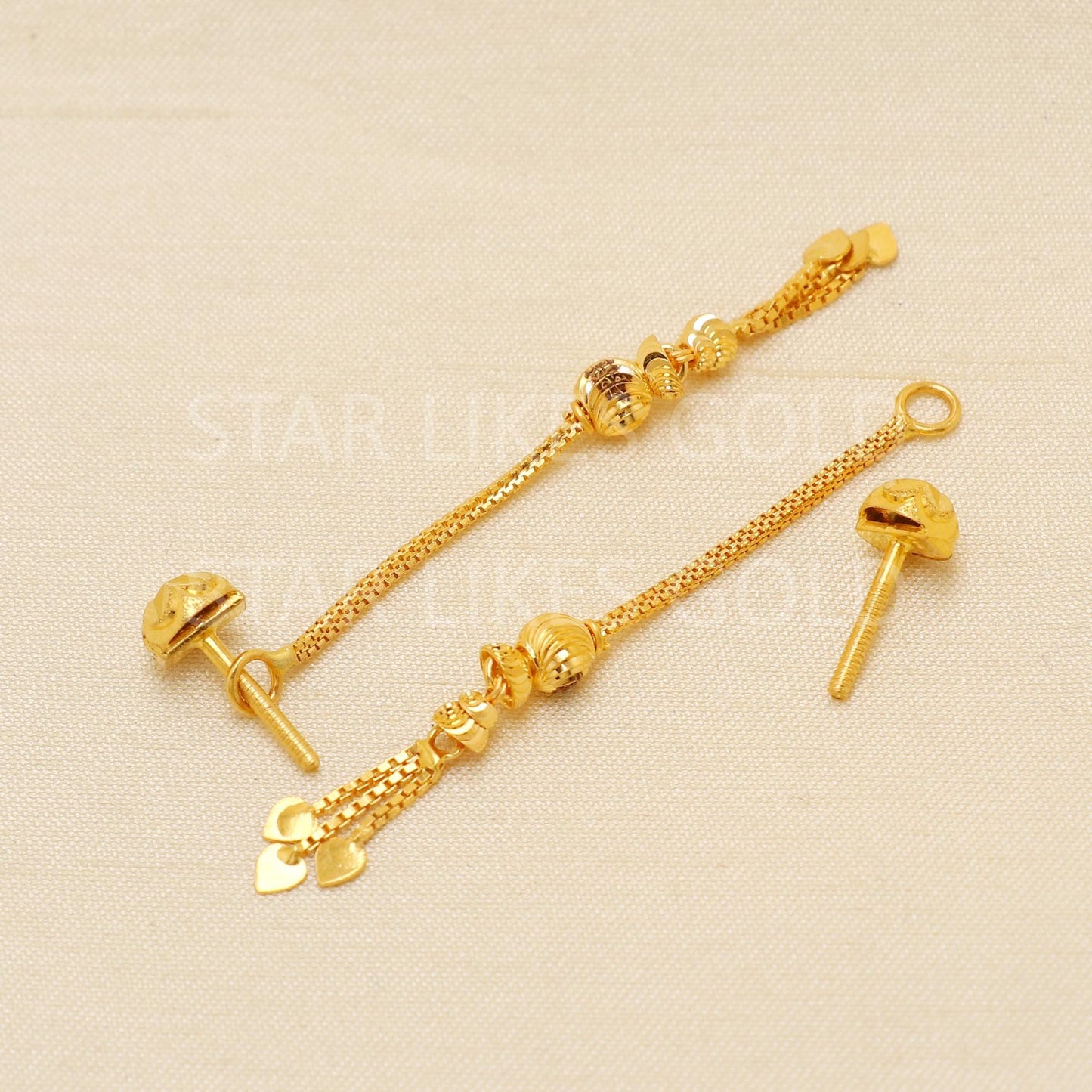 Hallmark 22k Gold Long Vertical Chain Earrings with Textured Beads & Heart Tips