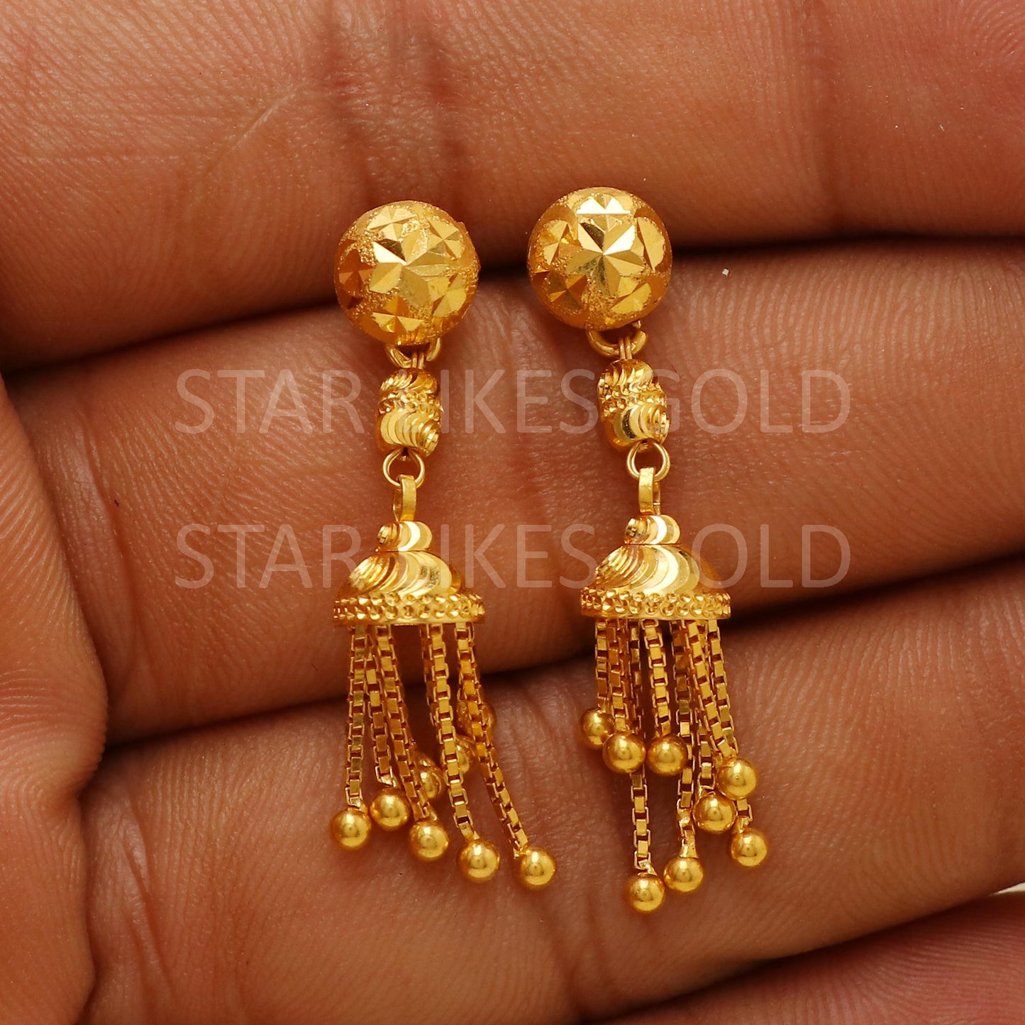 Modern Hallmark 22k Gold Tiered Jhumki Style Earrings for Bridal Wear, B187