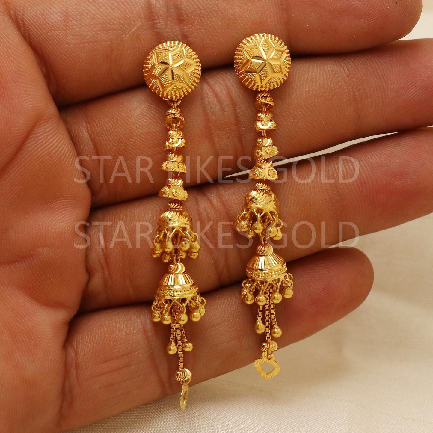 Modern Hallmark 22k Gold Tiered Jhumki Style Earrings for Bridal Wear, B1872