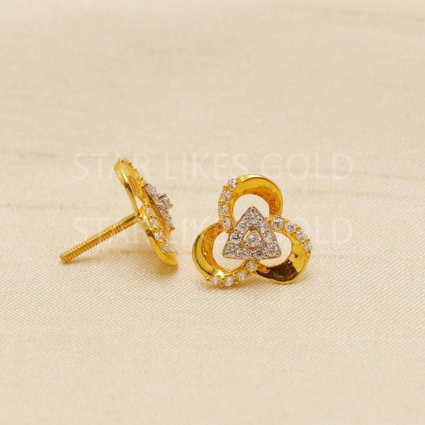 Flower Triangle Cz 22k 22 karat gold stud earrings jewelry, Small stud in 22k gold