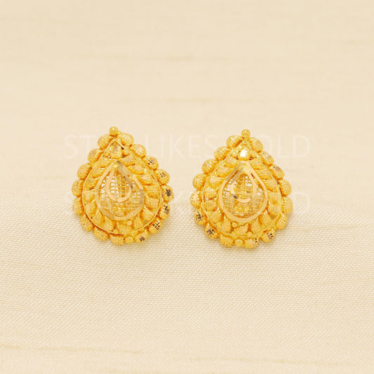 Stunning indian design 22 karat 22k gold stud fine earrings jewelry, B1862