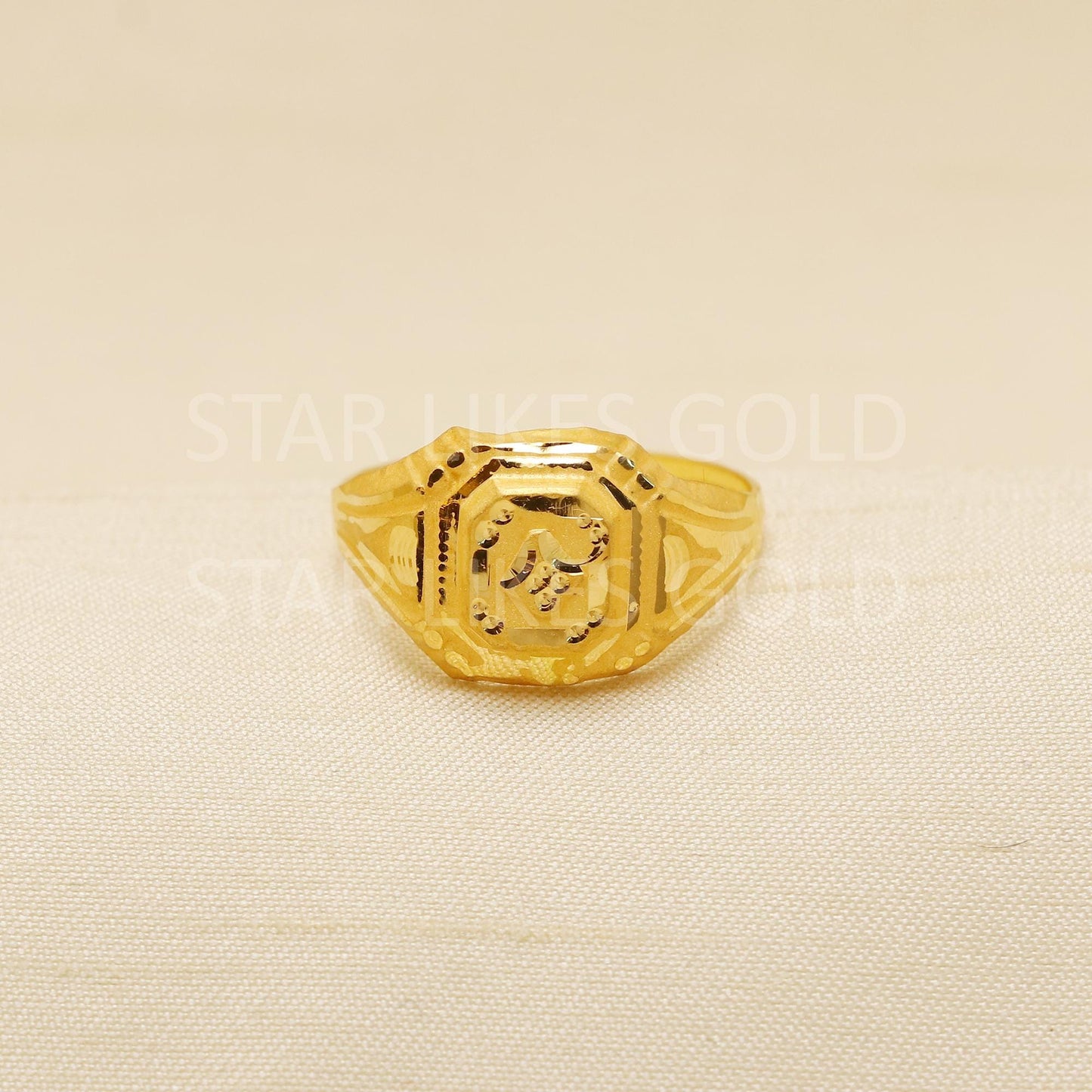 22K Pure Gold Octagon Ring | Vintage Style Handcrafted Texture, B1919