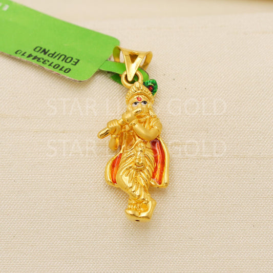 Lord Krishna 22k Yellow Gold Handmade Pendant Hindu God Jewelry, PR12116