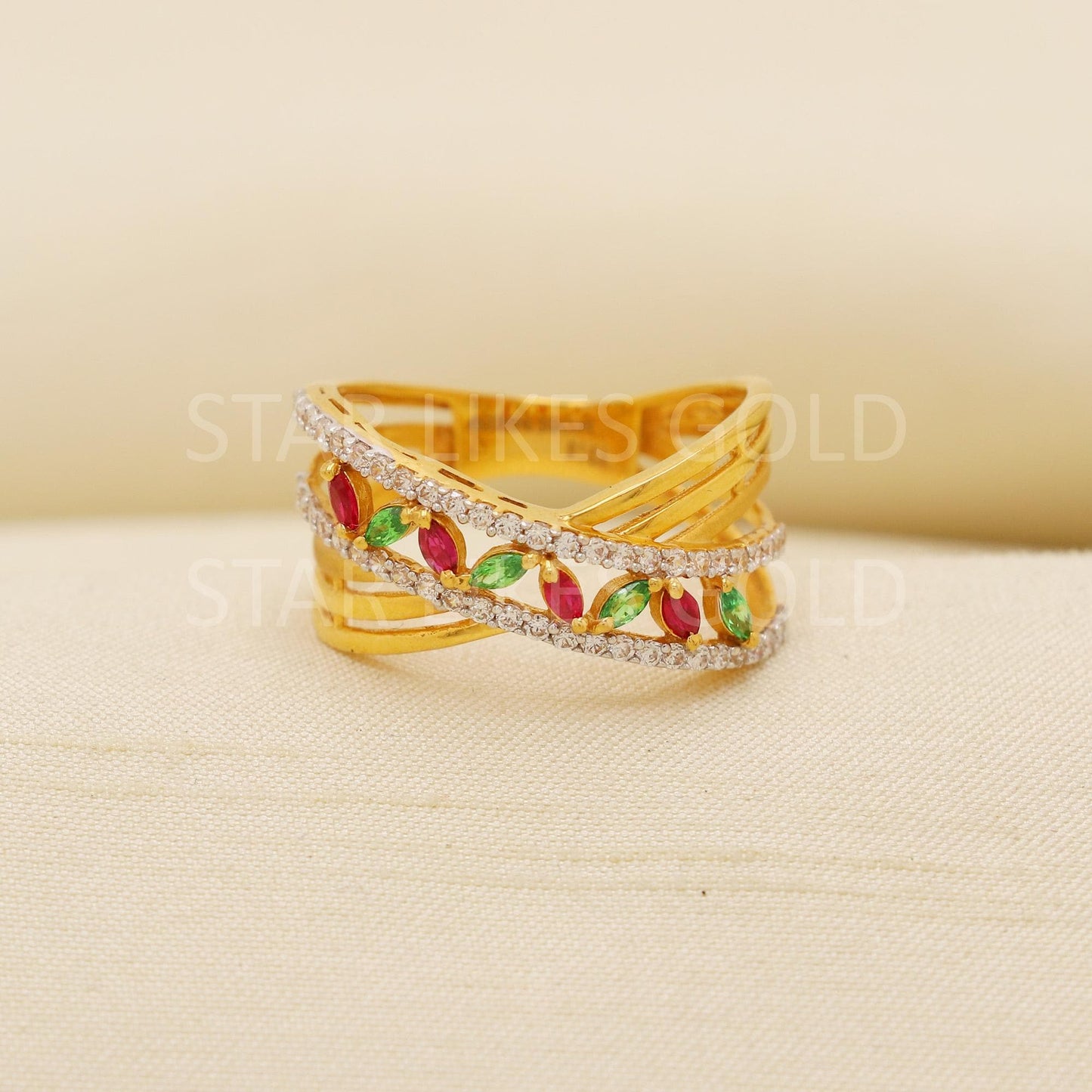 Exquisite 22K Gold Broad Band Ring with Colorful Stones & Criss-Cross Design, PR2161