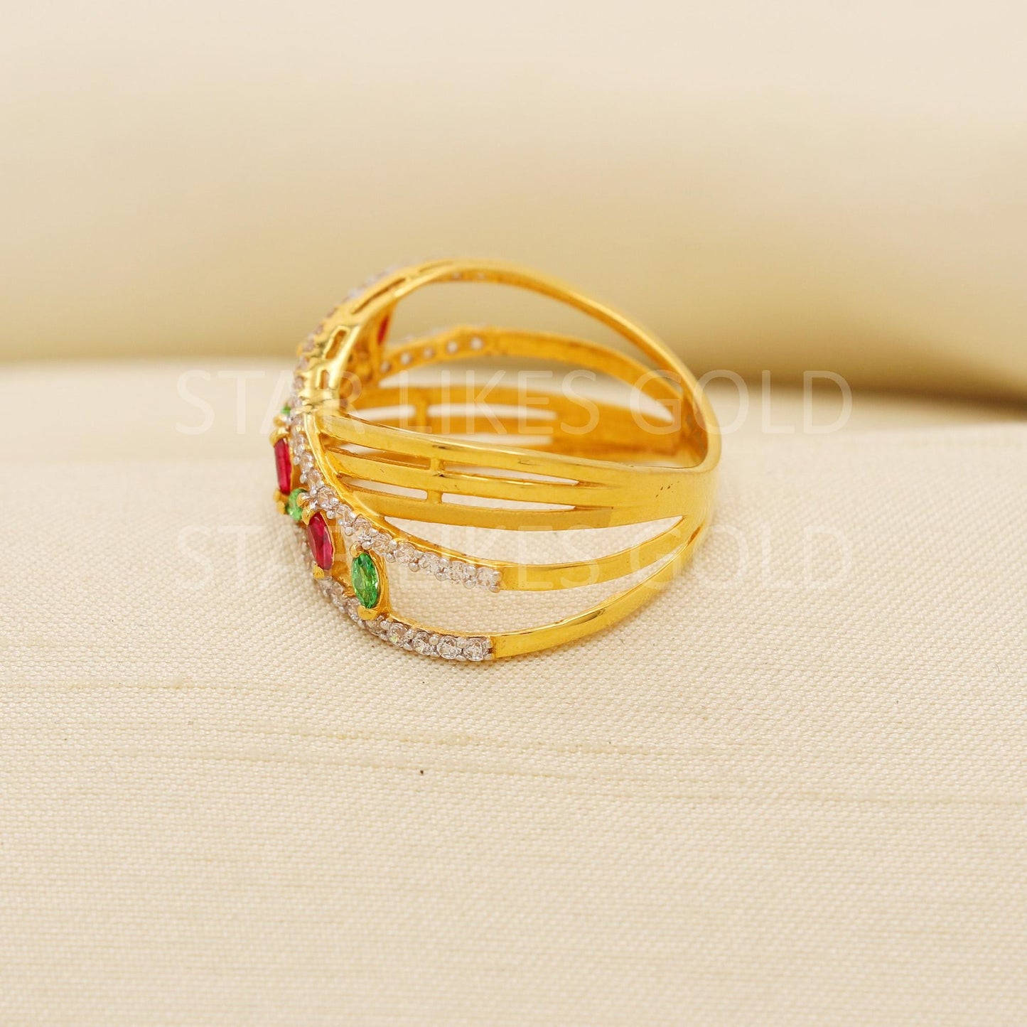 Exquisite 22K Gold Broad Band Ring with Colorful Stones & Criss-Cross Design, PR2161