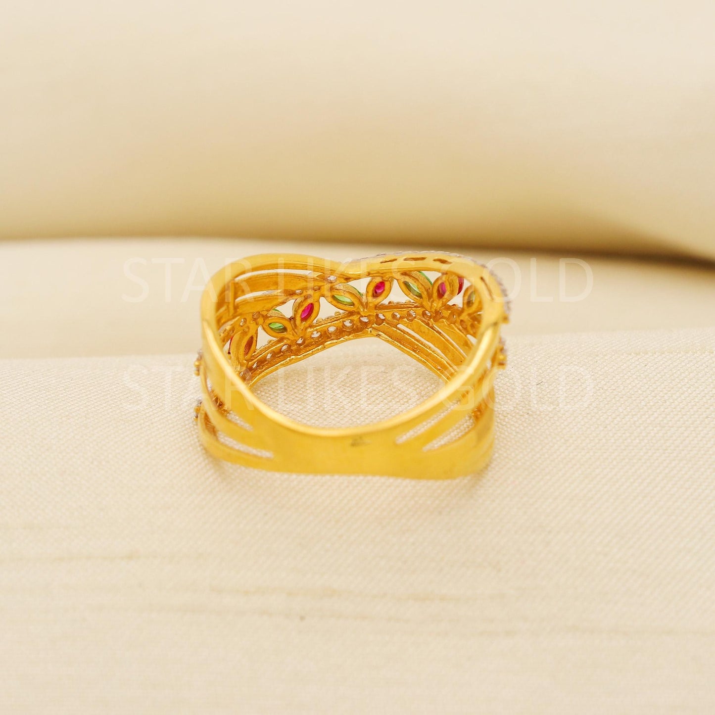 Exquisite 22K Gold Broad Band Ring with Colorful Stones & Criss-Cross Design, PR2161