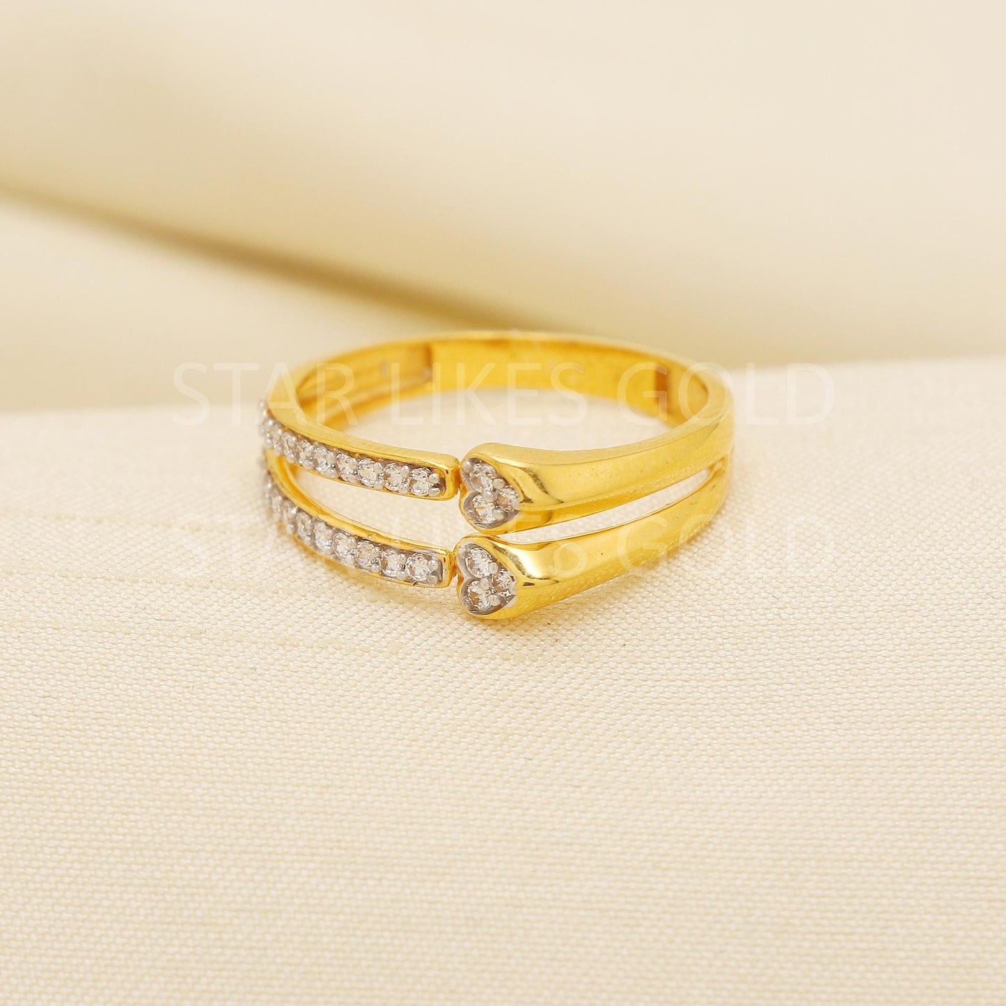 Chic 22K Gold Heart Motif Ring - Premium Dual Row CZ Stone Wedding Jewelry, PR2165