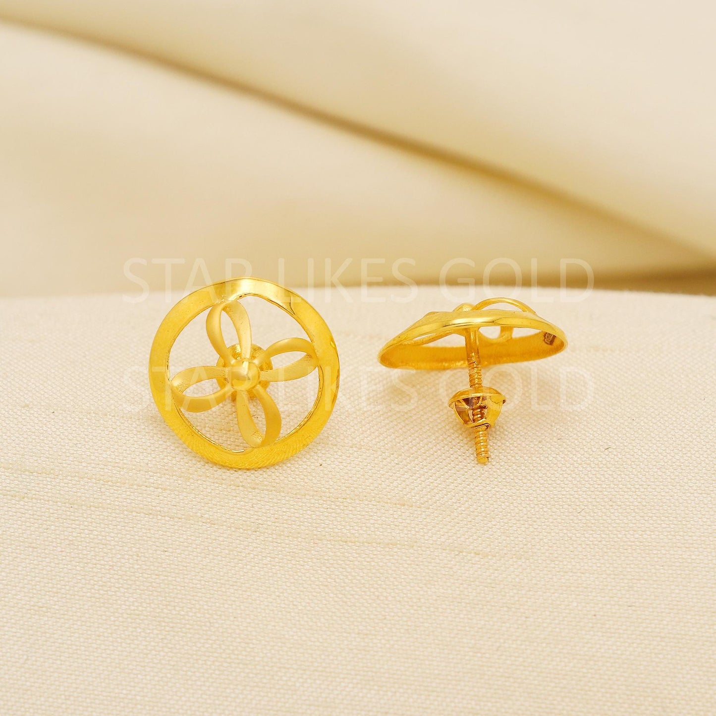 18K Gold Leaf Stud Earrings Secure Screw Back Romantic Jewelry, PR2183