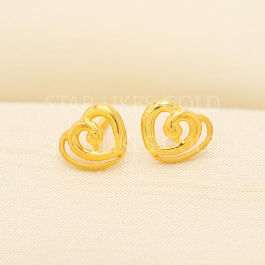 22K Gold Heart Stud Earrings Secure Screw Back Romantic Jewelry