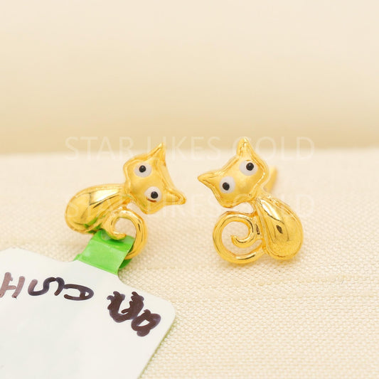 22K Gold Kitten Stud Earrings || Secure Screw Back Designer Jewelry, PR2028