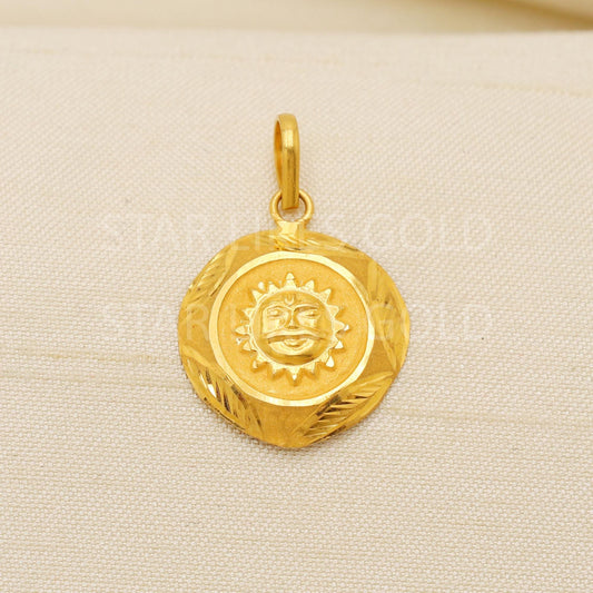 Carved Sun 22k Yellow Gold Handmade Pendant Jewelry, PR2080