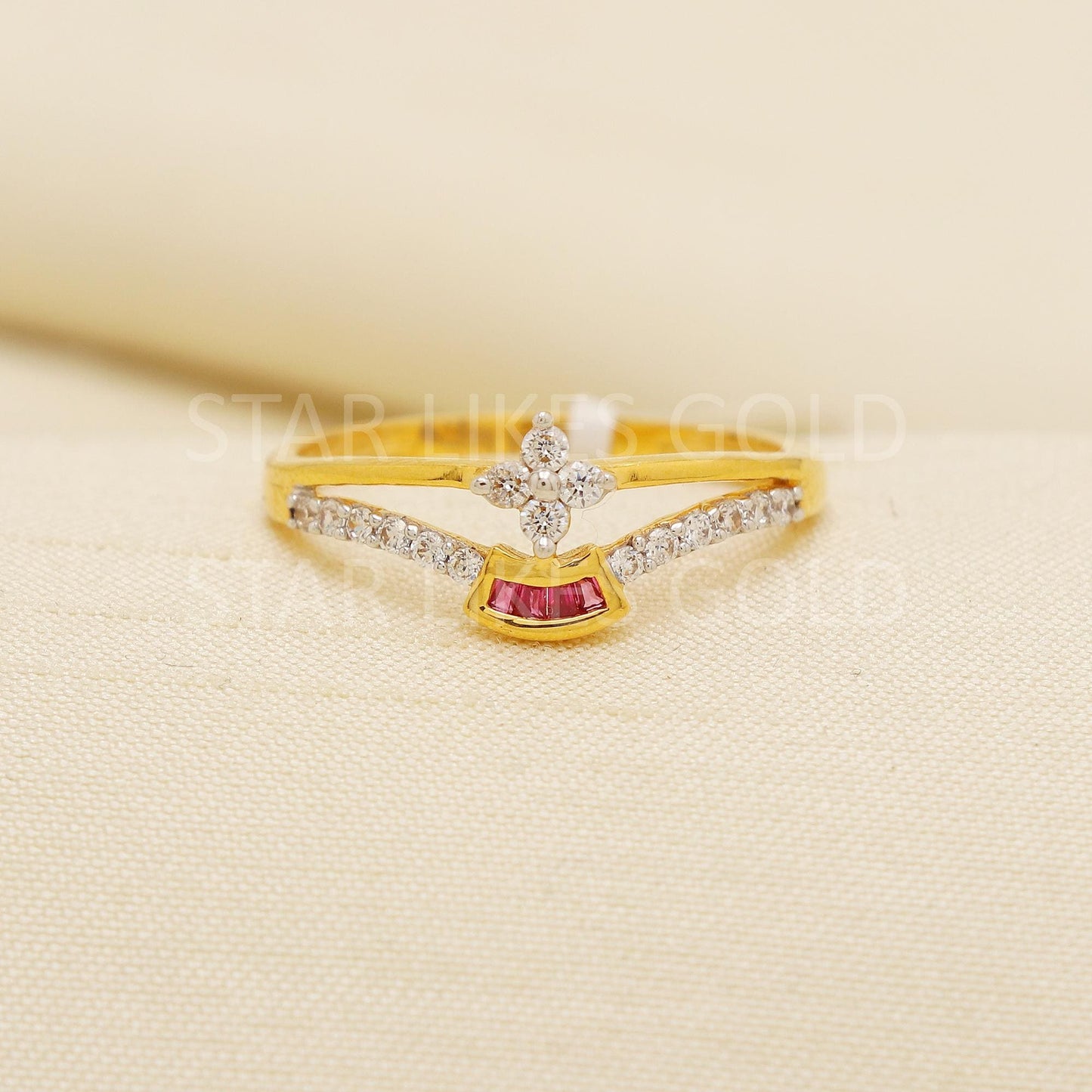Luxurious 22K Gold V-Shape Ring with Ruby Red Accents and CZ Stones, PR2162