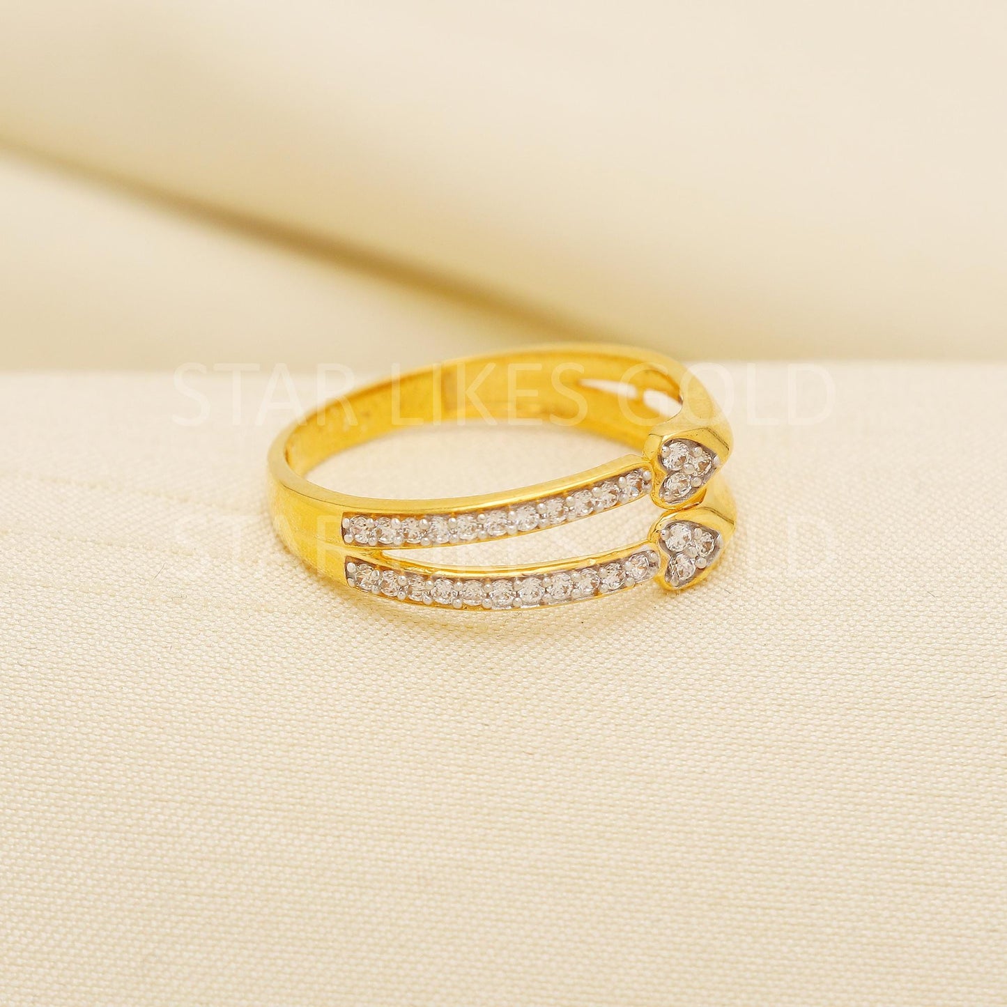Chic 22K Gold Heart Motif Ring - Premium Dual Row CZ Stone Wedding Jewelry, PR2165