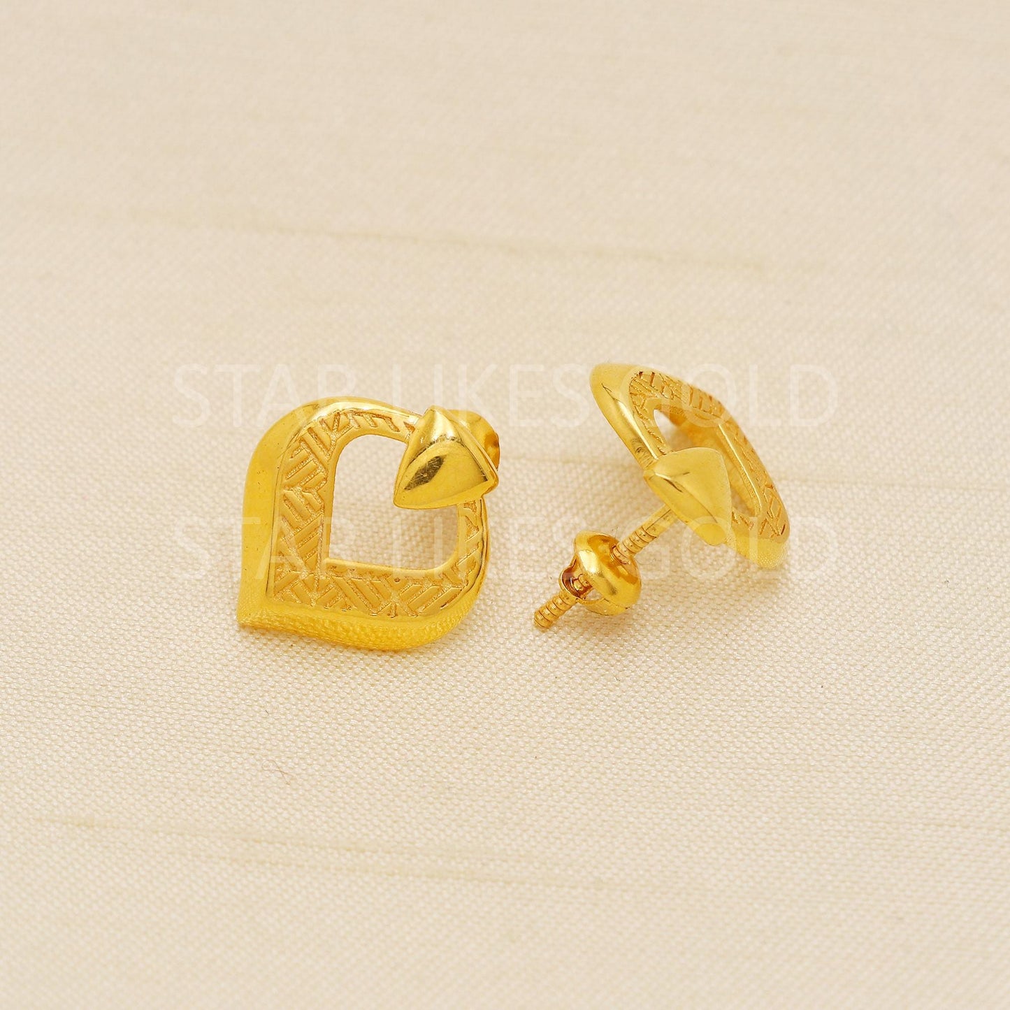 18K Gold Heart Stud Earrings Secure Screw Back Romantic Jewelry, PR2179
